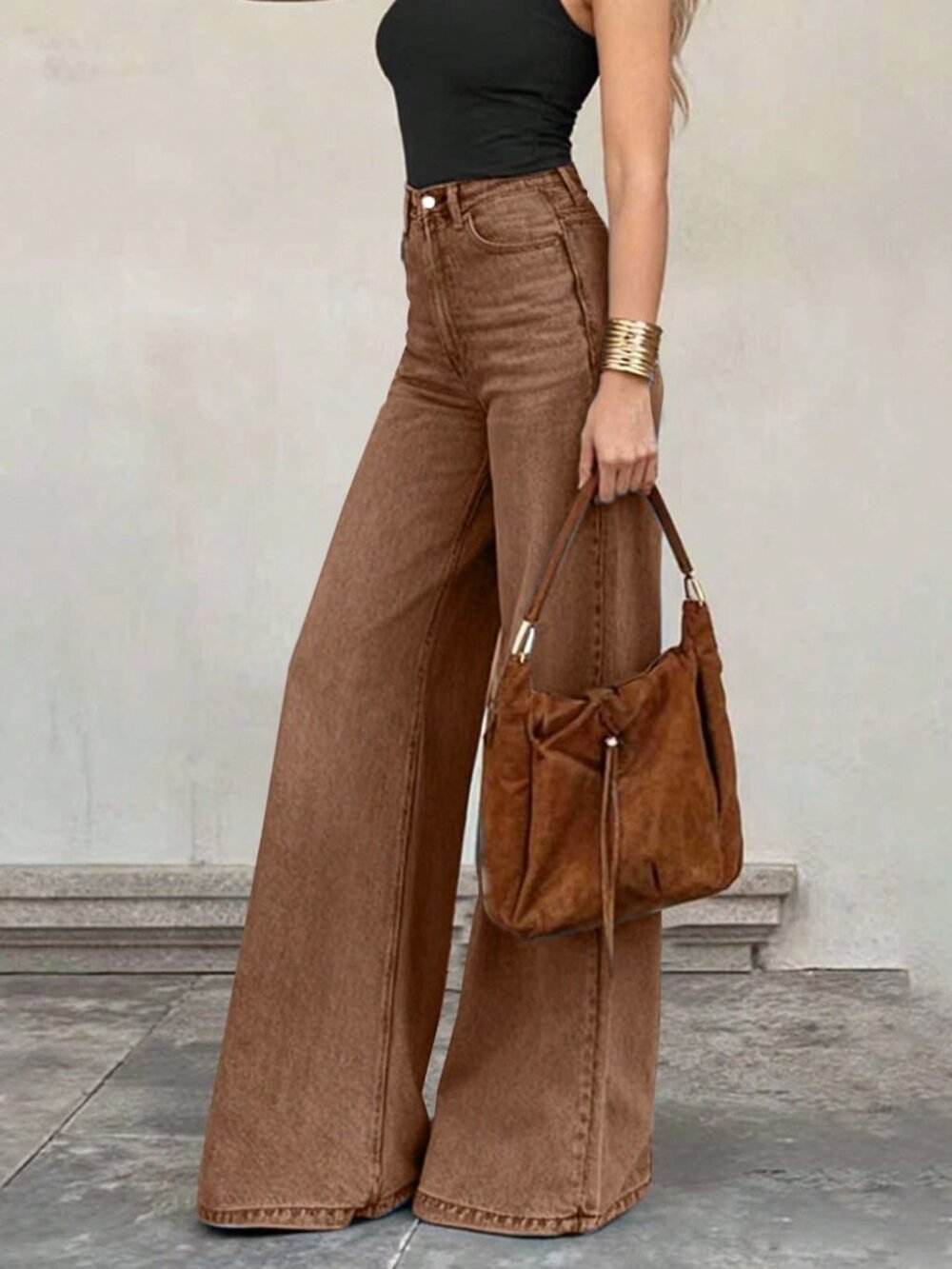 Coffee Brown Casual Women's Wide Leg Pants with Pockets, Zipper Detail - Picture 4 of 7